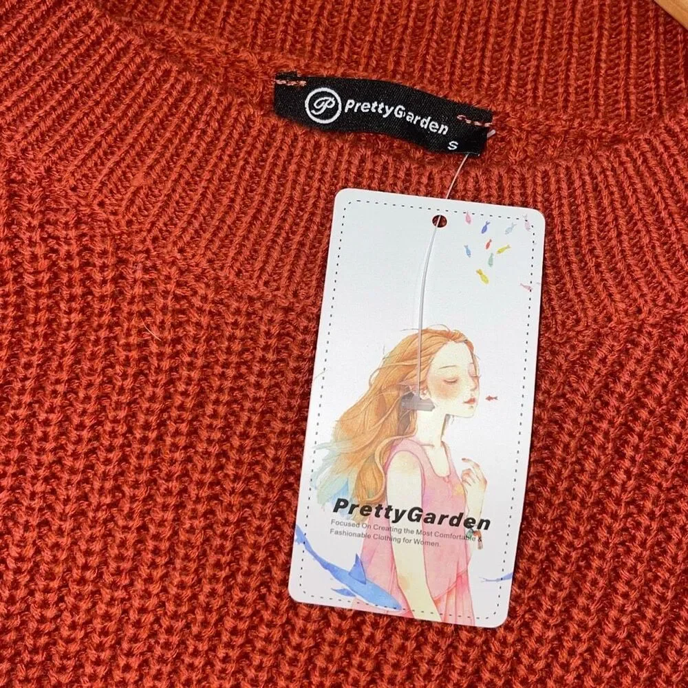 Pretty Garden Womens Cable Knit Sleeve Ribbed Pullover Sweater‎ Rust Small NWT